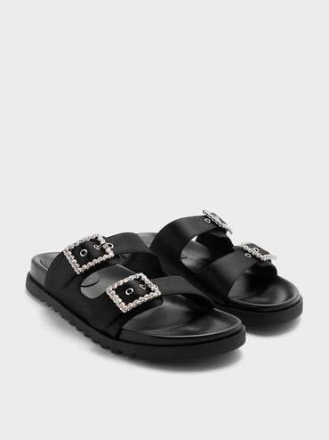 Recycled Polyester Gem-Buckle Double-Strap Sandals, Black Textured, hi-res
