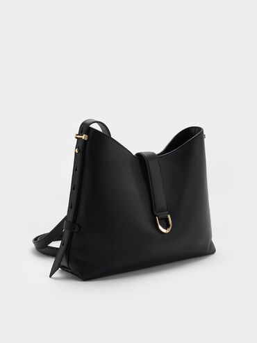Gabine Leather Belted Hobo Bag, Black, hi-res
