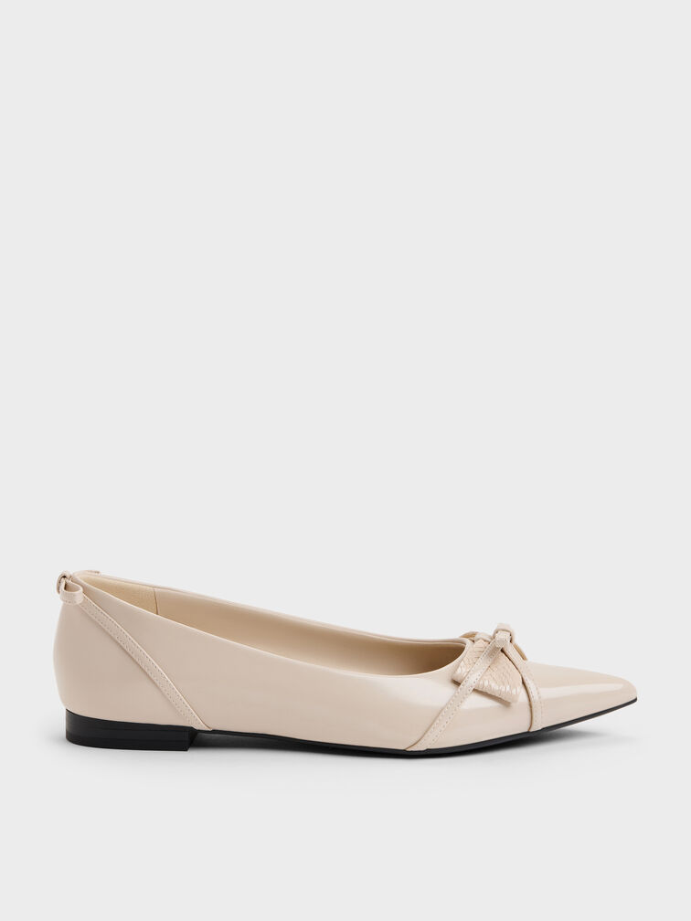 Bettina Double-Bow Pointed Ballet Flats, Beige, hi-res