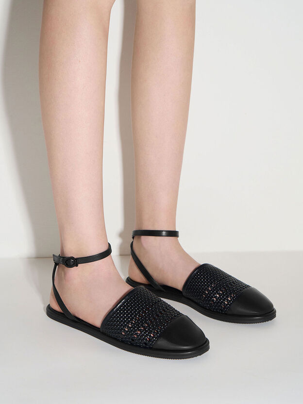 Woven Ankle-Strap Flats, Black, hi-res