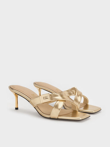 Cody Metallic Leather Crossover-Strap Heeled Sandals, Gold, hi-res