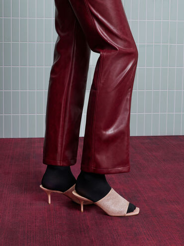 Glittered Mesh Heeled Mules, Pink, hi-res