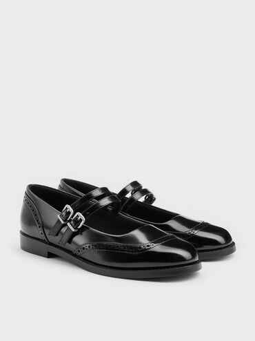 Double-Strap Brogue Mary Janes, Black Box, hi-res