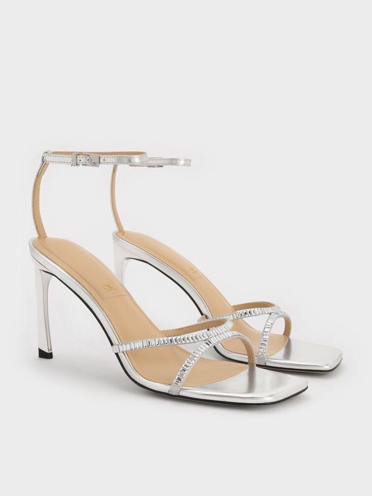 Jaylene Metallic Leather Gem Stiletto Sandals, Silver, hi-res