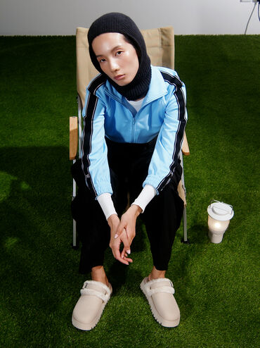 Hannah Textured Fur-Trim Buckled Mules, Beige, hi-res