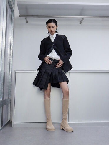 Faux Suede Chunky-Sole Knee-High Boots, Beige, hi-res