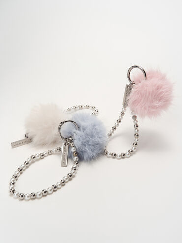Pearl Beaded-Strap Furry Ball Charm, Cream, hi-res