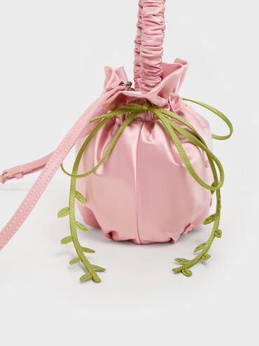 Mabel Satin Floral-Vine Bucket Bag, Pink, hi-res