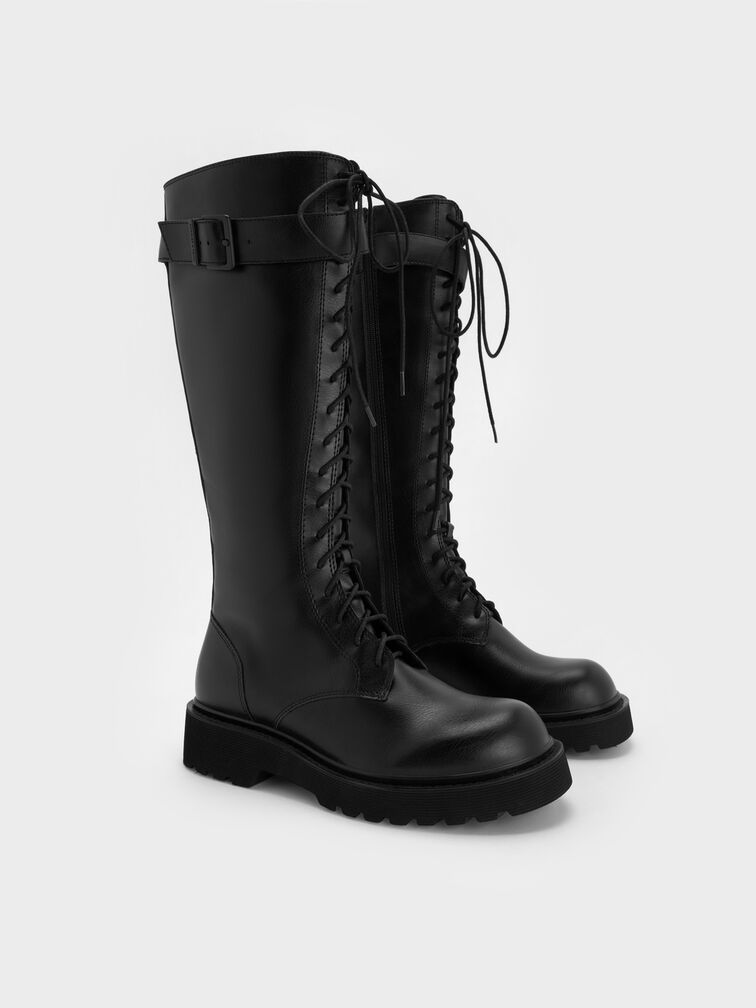 Darian Lace-Up Buckle-Strap Knee-High Boots, Black, hi-res