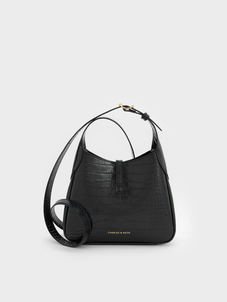 Mini Adalyn Croc-Effect Metallic-Buckle Belted Hobo Bag, Black Croco, hi-res