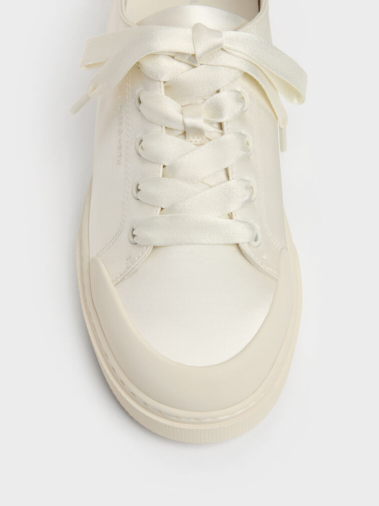 Satin Lace-Up Sneakers, White, hi-res
