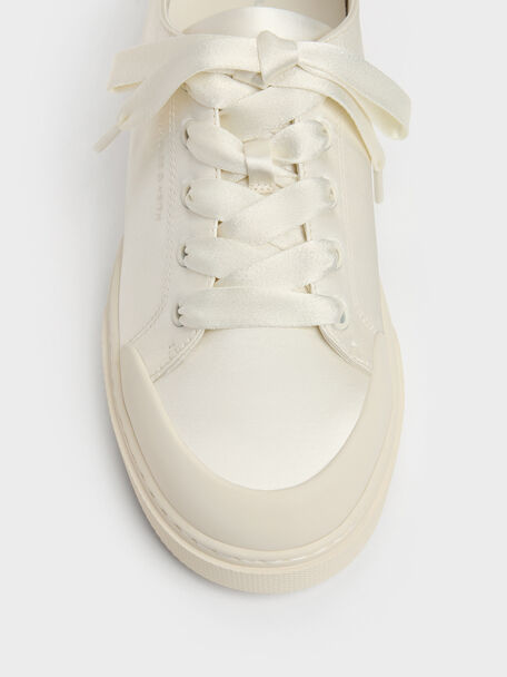 Satin Lace-Up Sneakers, White, hi-res