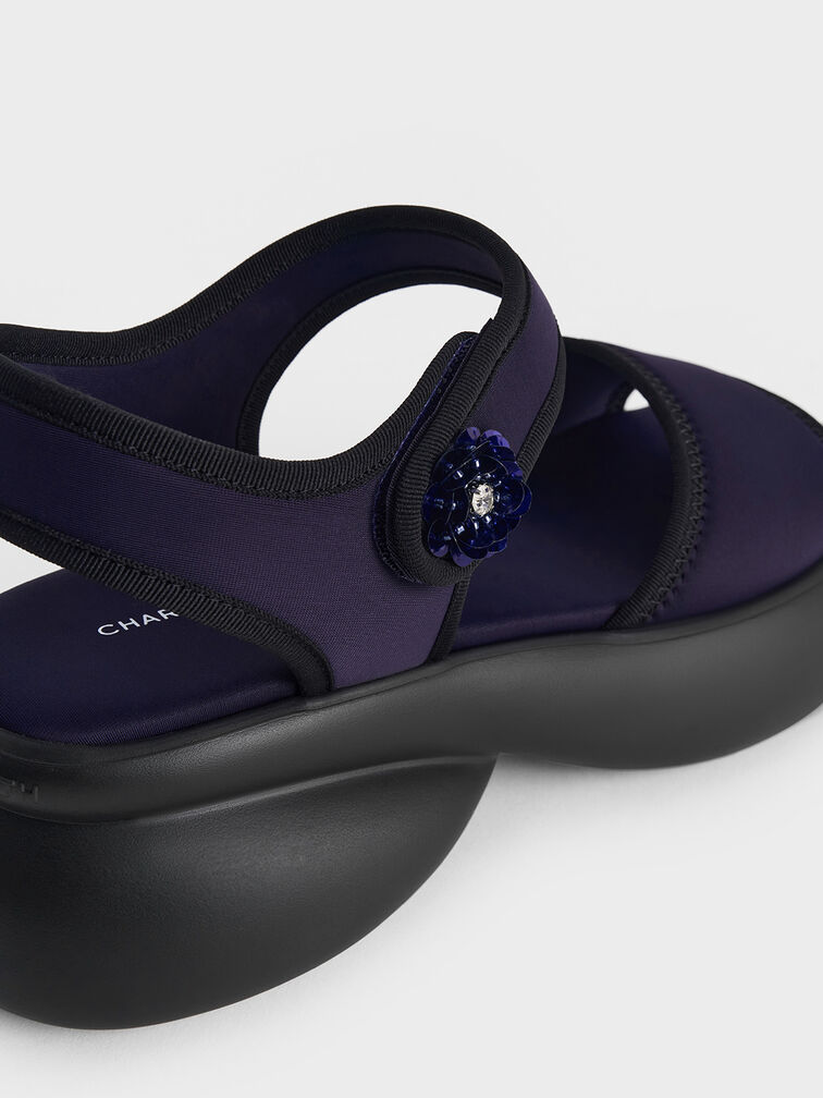 Flower-Buckle Platform Sports Sandals, Dark Blue, hi-res