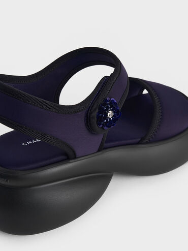Flower-Buckle Platform Sports Sandals, Dark Blue, hi-res