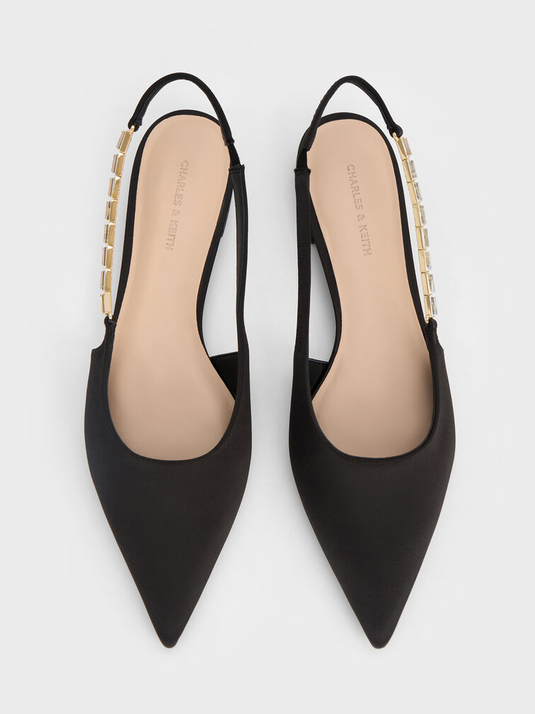 Satin Crystal-Embellished Strap Slingback Flats, Black Textured, hi-res