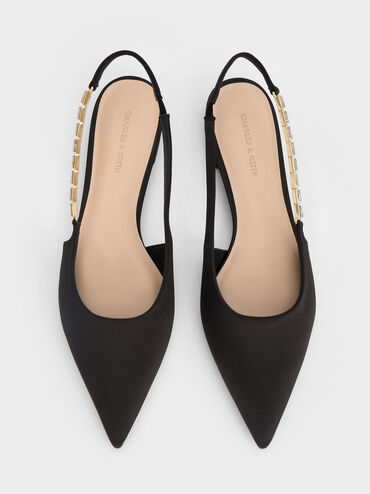 Satin Crystal-Embellished Strap Slingback Flats, Black Textured, hi-res