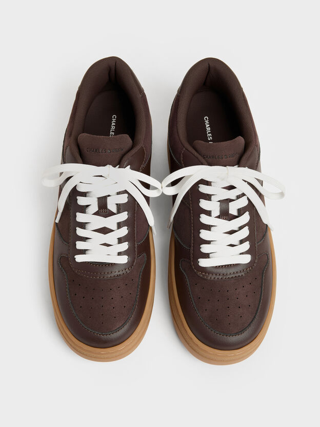 Faux Suede Platform Sneakers, Dark Brown Textured, hi-res