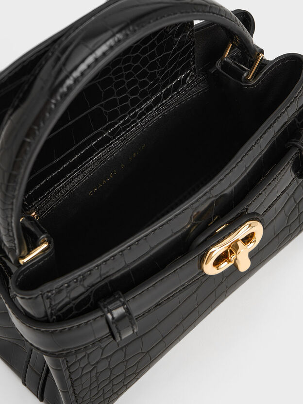 Aubrielle Croc-Effect Belted Top Handle Bag, Black, hi-res