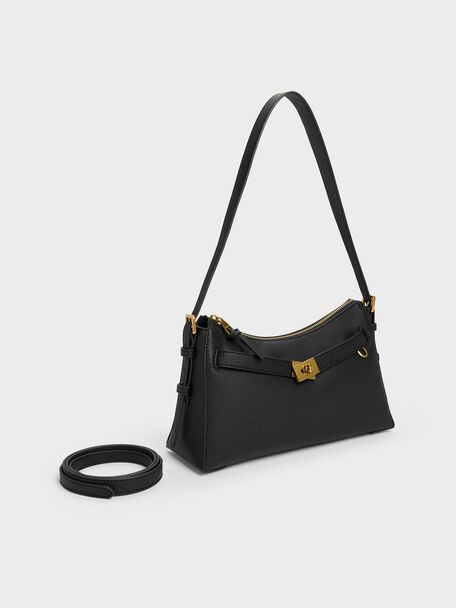 Dinora Belted Shoulder Bag, Black, hi-res