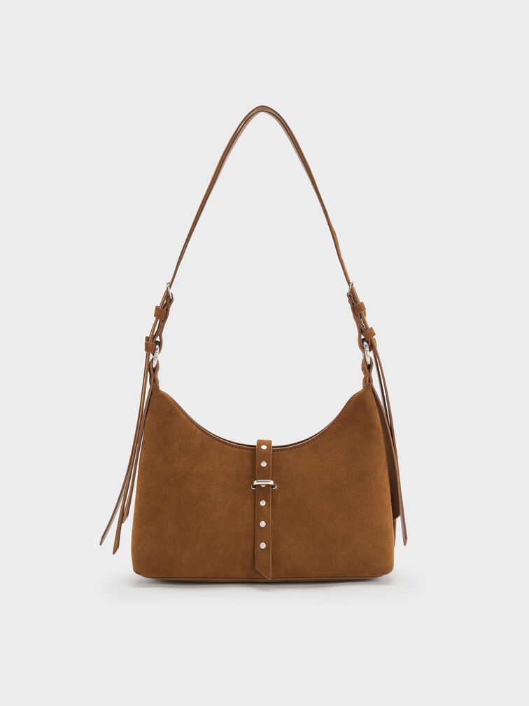Lark Recycled Suede Studded Belted Shoulder Bag, Sienna Brown, hi-res