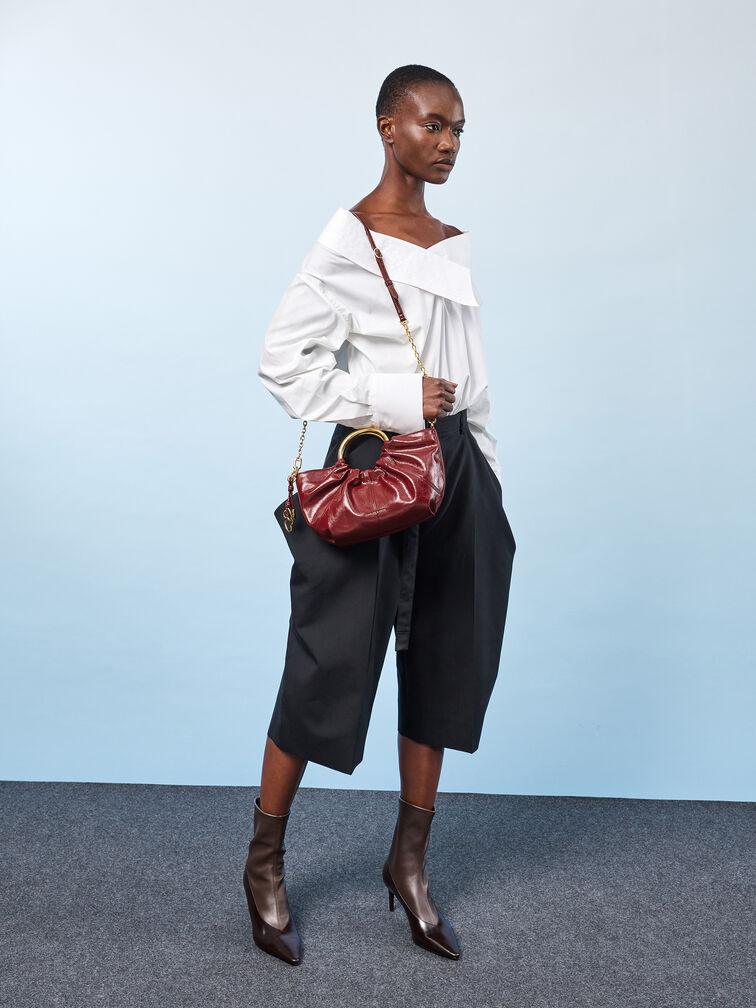 Ciara Ruched Metal Top Handle Bag, Burgundy, hi-res