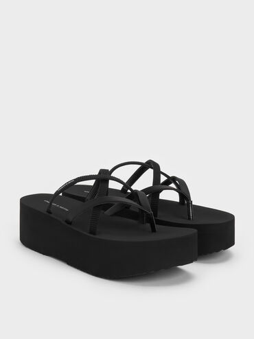 Levy Satin Strappy Flatform Sandals, Black Textured, hi-res