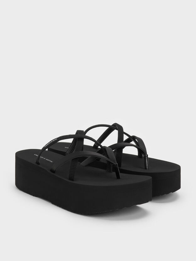 Levy Satin Strappy Flatform Sandals, Black Textured, hi-res