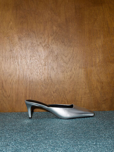 Metallic Square-Toe Blade-Heel Mules, Silver, hi-res