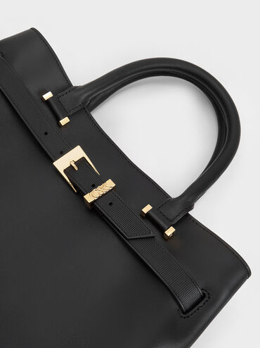 Voyager Leather Belted Trapeze Tote Bag, Black, hi-res