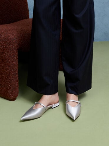 Satin Teardrop-Crystal Flat Mules, Silver, hi-res