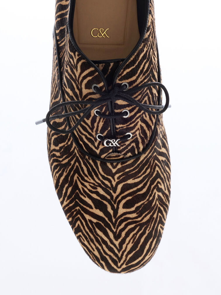 Pippa Zebra-Print Calf Hair Derby Flats, Animal Print Sand, hi-res