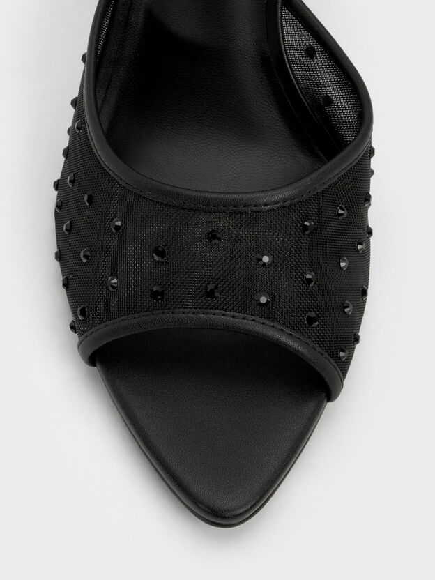 Mesh Crystal Peep-Toe Heeled Mules, Black Textured, hi-res