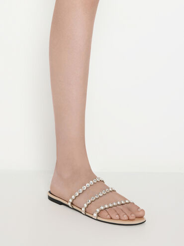 Crystal-Embellished Triple-Strap Sandals, Nude, hi-res