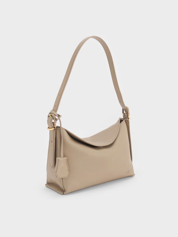 Leather Top-Flap Hobo Bag, Taupe, hi-res