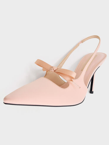 Satin Bow Pointed-Toe Slingback Pumps, Light Pink, hi-res