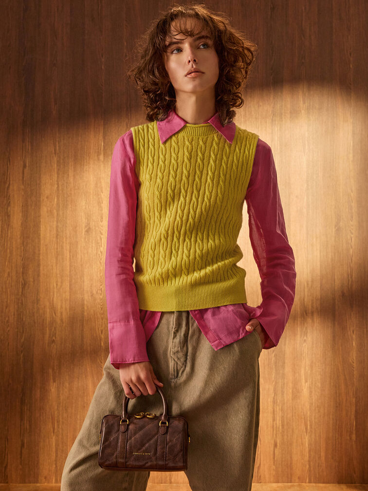 Philomena Panelled Chain-Handle Bowling Bag, Distressed Coffee, hi-res