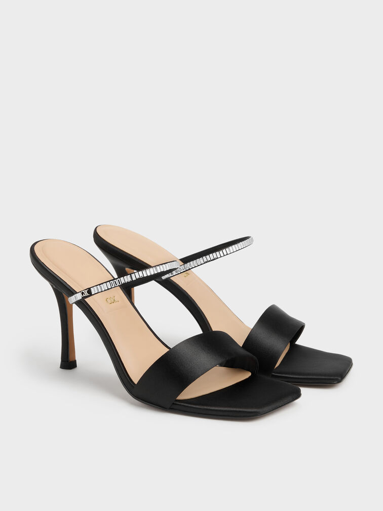 Gem Heeled Mules, Black Textured, hi-res