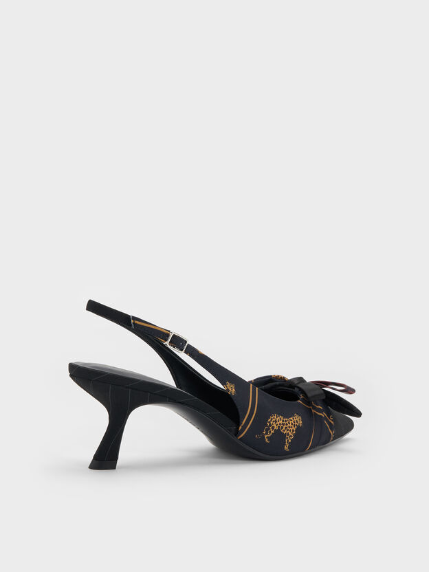 Satin Printed-Bow Pointed Slingback Pumps, Black Textured, hi-res