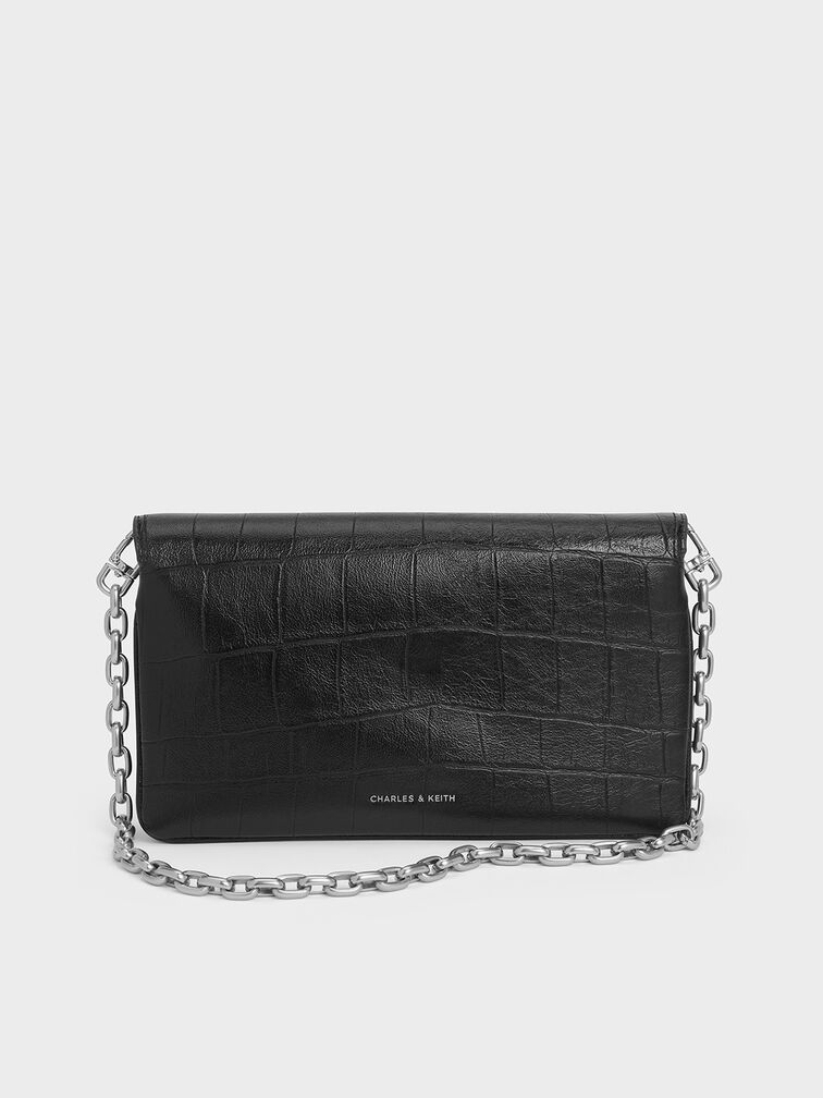 Liv Croc-Effect Grommet Chain-Handle Shoulder Bag, Noir, hi-res