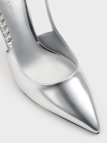 Flores Metallic Gem-Strap Slingback Pumps, Silver, hi-res