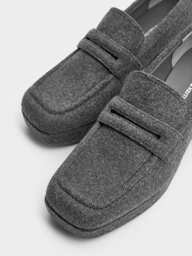 Felt Platform Block-Heel Loafer Pumps, Grey, hi-res