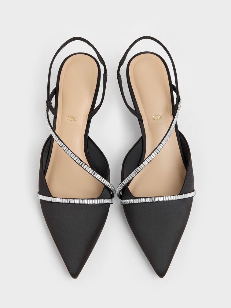 Gem Slingback Kitten Heels, Black Textured, hi-res