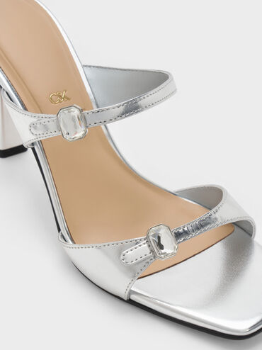 Metallic Leather Gem-Buckle Double-Strap Heeled Sandals, Silver, hi-res