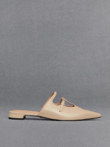 Leather T-Bar Double-Strap Mules, Beige, hi-res