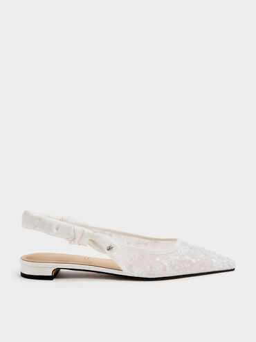 Tayari Embroidered-Mesh Slingback Flats, White, hi-res