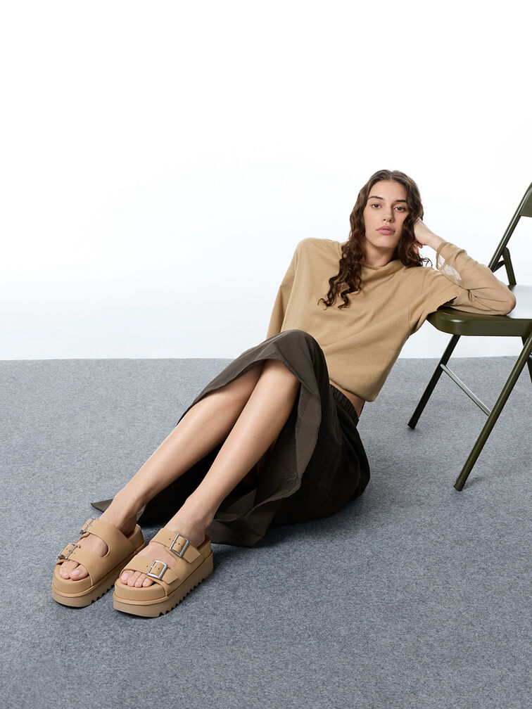 Buckled Double-Strap Flatform Sandals, Beige, hi-res