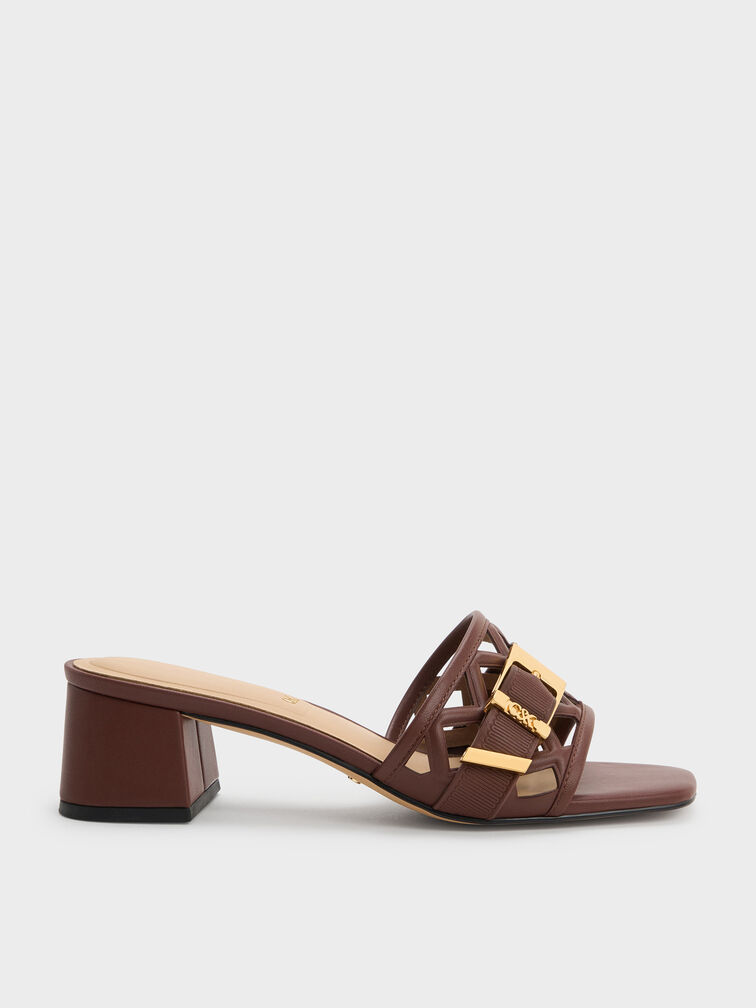 Whitney Leather Cut-Out Heeled Mules, Brown, hi-res