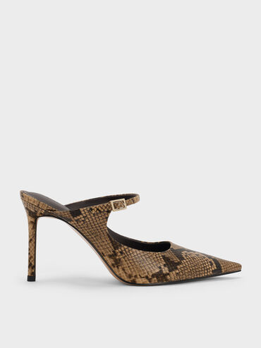 Snake-Print Buckle-Strap Mules, Animal Print Natural, hi-res