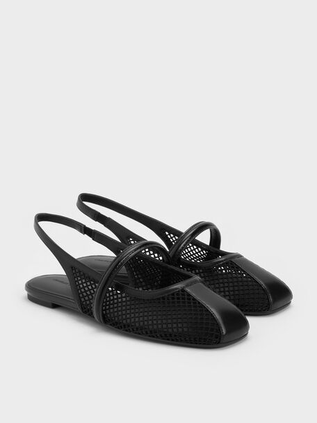 Ellory Mesh Slingback Mary Jane Flats, Black Textured, hi-res