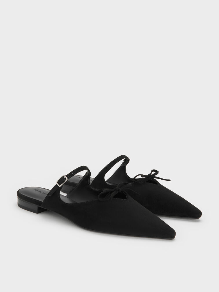Faux Suede Bow Mary Jane Mules, Black Textured, hi-res